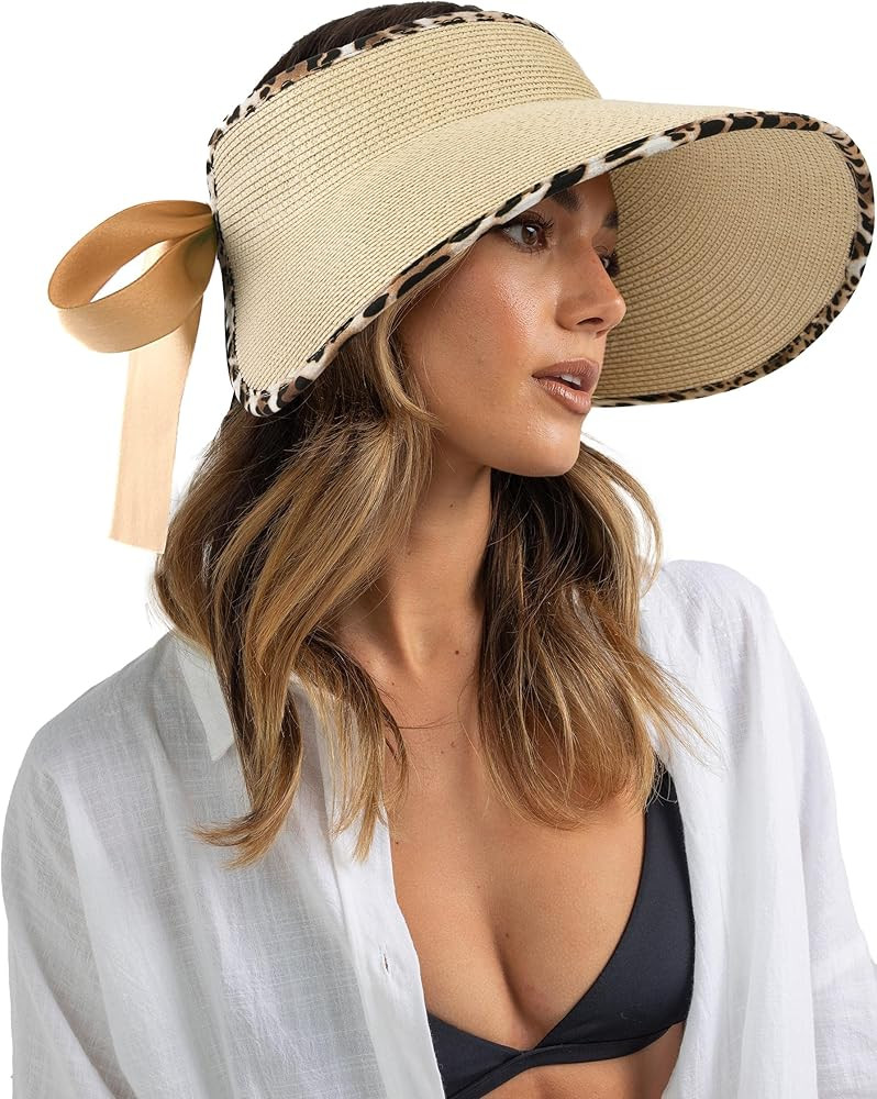 Camptrace UPF 80+ Sun Visors for Women Wide Brim Beach Hat Foldable Straw Visor Hat Ponytail Summ... | Amazon (US)