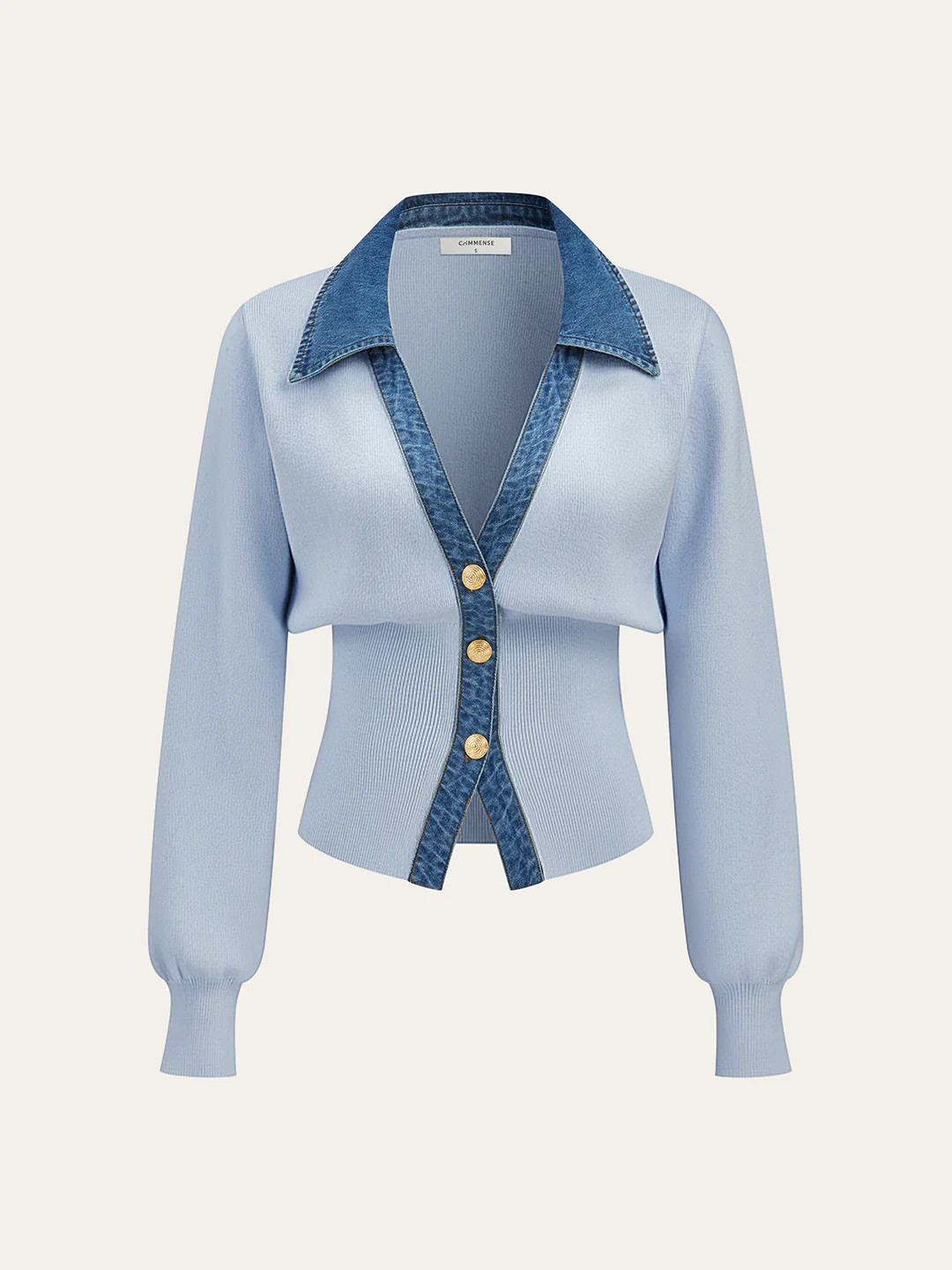 Denim Collar Metal Button V-Neck Knit Top | Commense