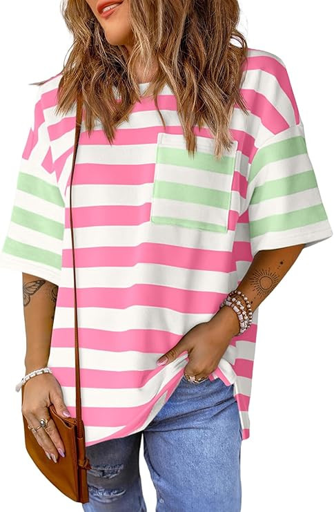 Womens Oversized Color Block Striped Tshirts Summer Casual Short Sleeve Tops Loose Fit Crew Neck ... | Amazon (US)