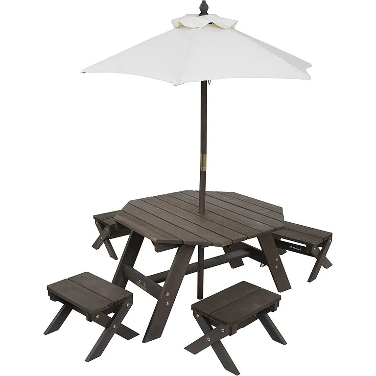 KidKraft Wooden Octagon Table, Stools & Umbrella Set, Kids’ Outdoor Furniture, Brown Bear & Bei... | Walmart (US)