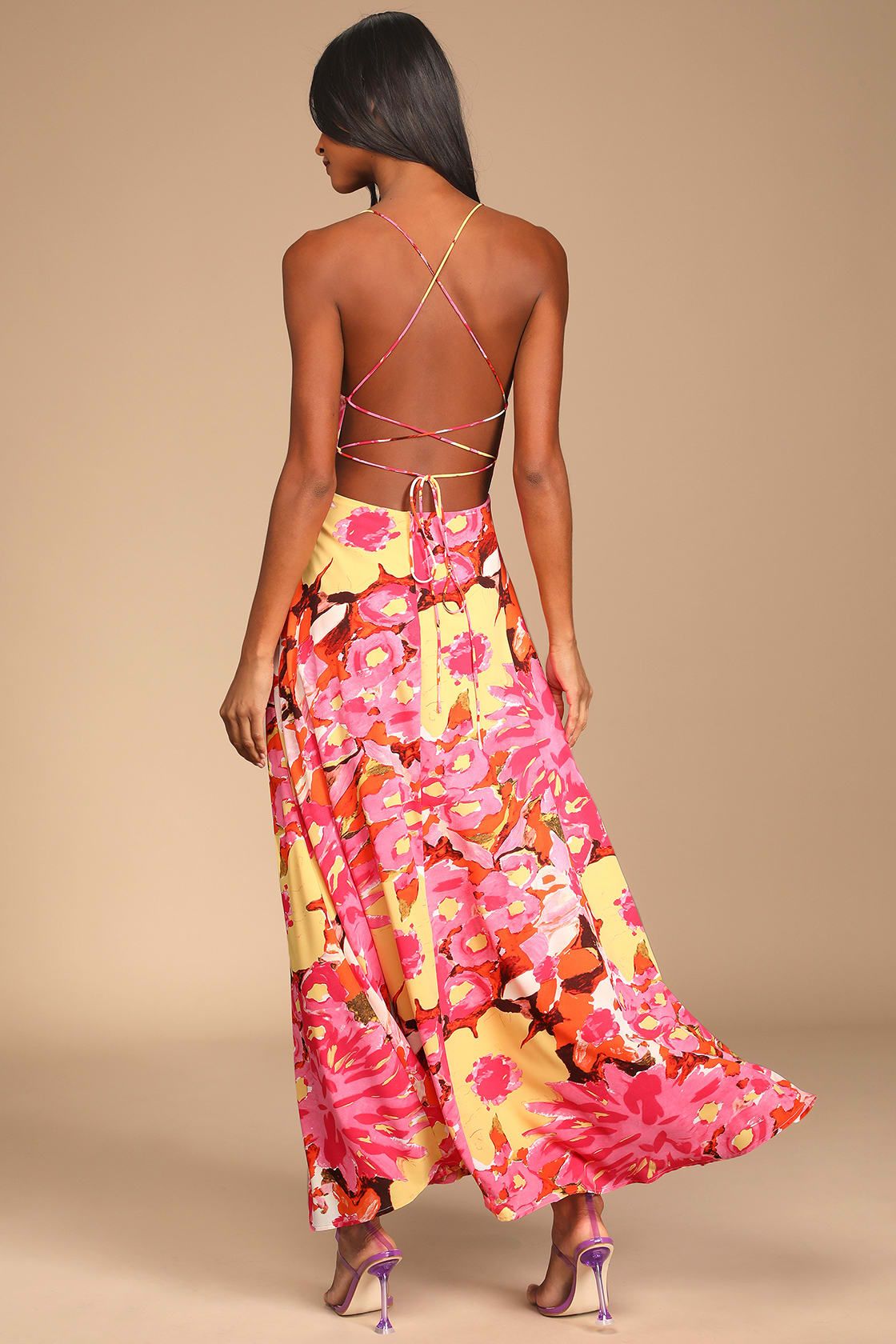 Beautiful and Bold Pink Multi Floral Print Lace-Up Maxi Dress | Lulus (US)