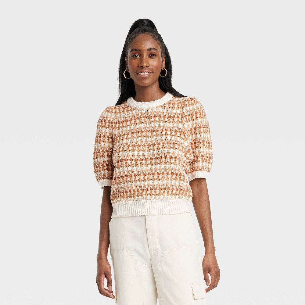 Women's Puff Elbow Sleeve Crewneck Pullover Sweater - Universal Thread Cream S, Ivory | Target