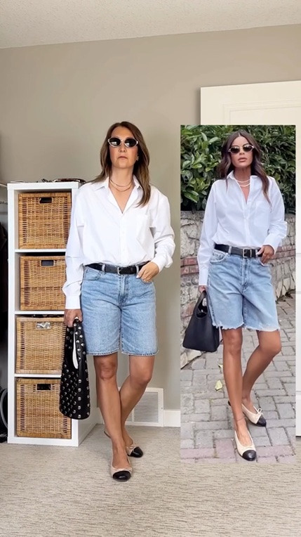 Pinterest inspired outfit with a white shirt, ballet flats and Bermuda shorts - great mix of classic and trendy! 
My shirt is a men’s size 16” neck 32-33” sleeves so it’s quite oversized but I love the fit. Best part is that it’s wrinkle resistant, I just hang it to dry and don’t need to iron!
My shorts are from last year and sold out but I linked similar ones.
Also linked my ballet flats, necklaces (same necklace in gold and silver), bag, sunnies and the stitch gun I used to secure the shirt.

#LTKootd #LTKOver40 #LTKTall
