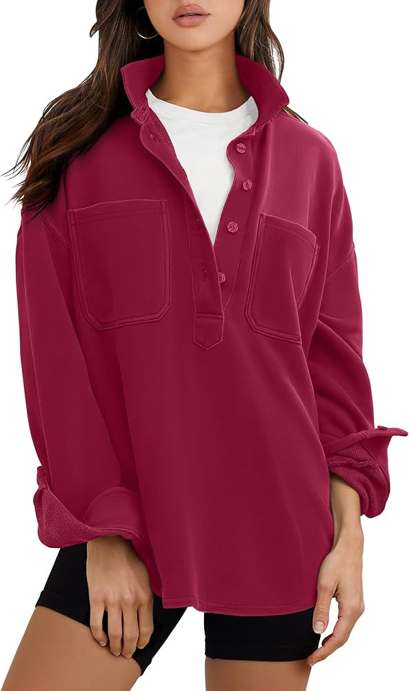 ANRABESS Sweatshirt for Women Oversized Casual Long Sleeve Side Slit Button Lapel Polo Pullover T... | Amazon (US)