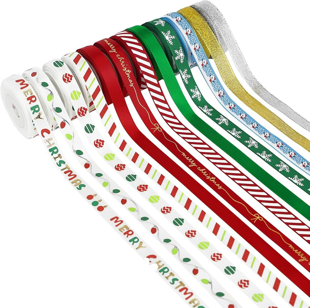 MEEDEE Christmas Ribbon 3/8 inch Thin Holiday Ribbon Set in Red, Green, White, Gold & Silver Colo... | Amazon (US)