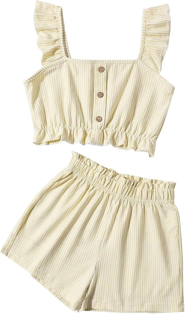 Girl's Summer Clothing Sets Knit Ruffle Striped T-Shirt and Shorts 2 Piece Outfits | Amazon (US)