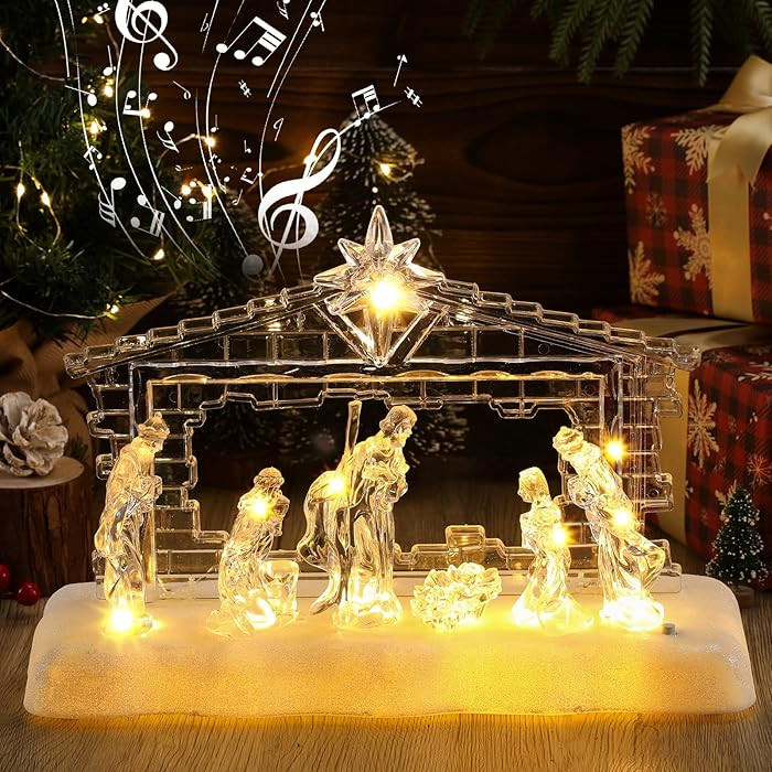 14 Inch Nativity Sets Indoor Decor for Christmas LED Acrylic Clear Lighted Musical Nativity Scene... | Amazon (US)