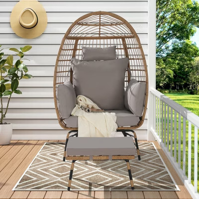 GDFStudio Isaac Outdoor Wicker and Metal Egg Chair with Ottoman and Thick Cushions, Light Gray | Target