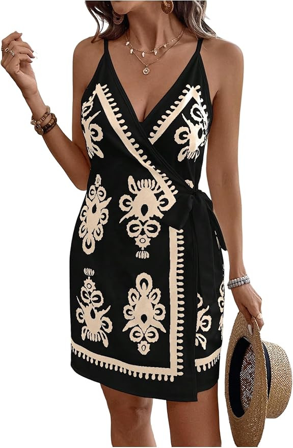 Verdusa Women's Satin Graphic Bow Tie Mini Wrap Dress Backless Spaghetti Strap Dresses | Amazon (US)