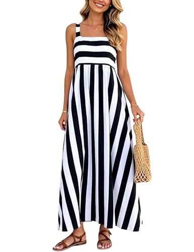 Huaqiao Womens Summer Striped Maxi Dress Sleeveless Square Neck Spaghetti Strap Flowy Beach Boho Vacation Sundress(Black-L) | Amazon (US)