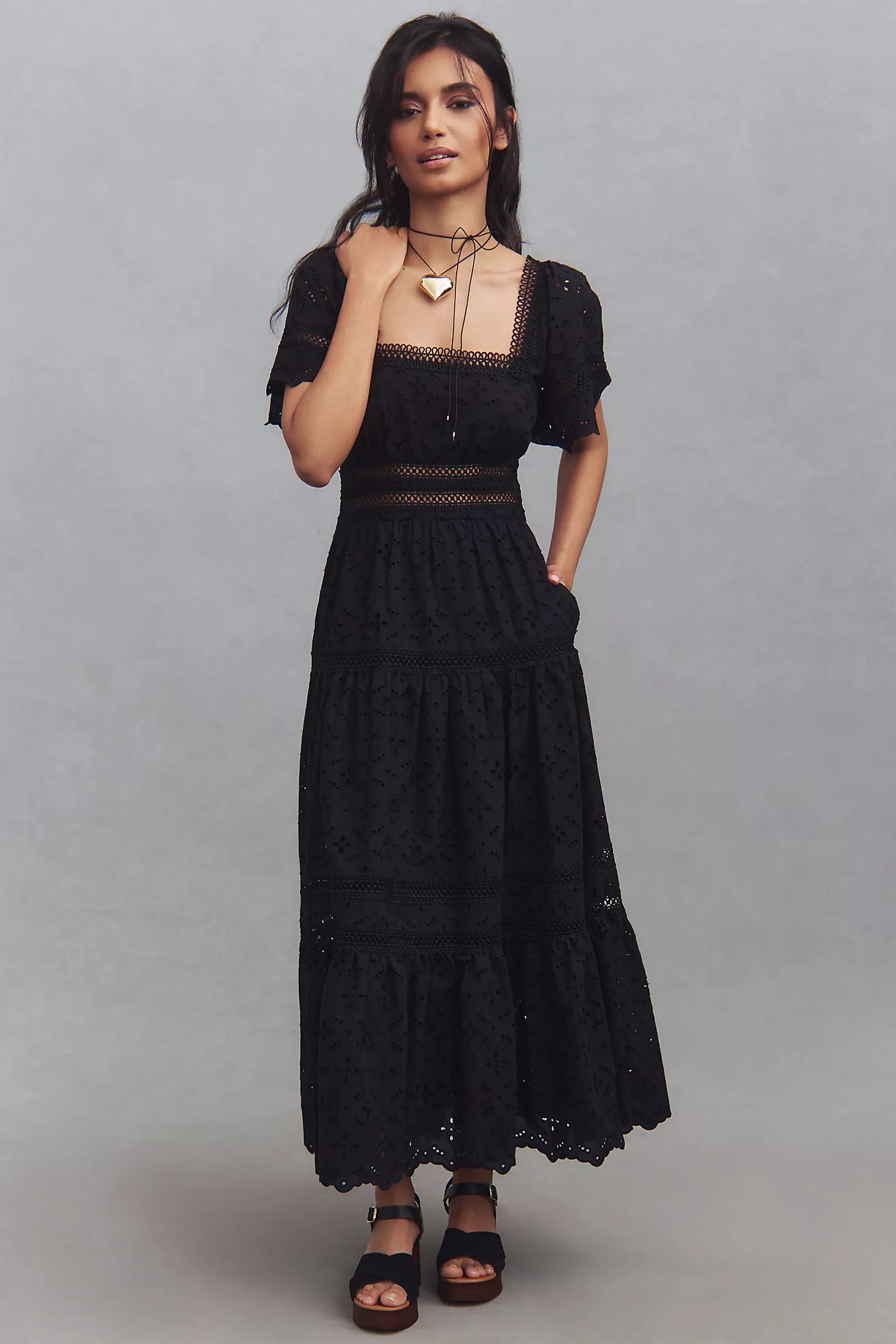 Maeve Short-Sleeve Square-Neck Eyelet Babydoll Midi Dress | Anthropologie (US)