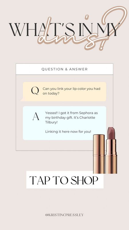 What’s in my DMs? (I think it’s in the shade medium - warm berry pink)

Sephora. Makeup. Beauty. Lipstick. Lip. Pillowtalk. Charlotte Tilbury.

#LTKfindsunder50