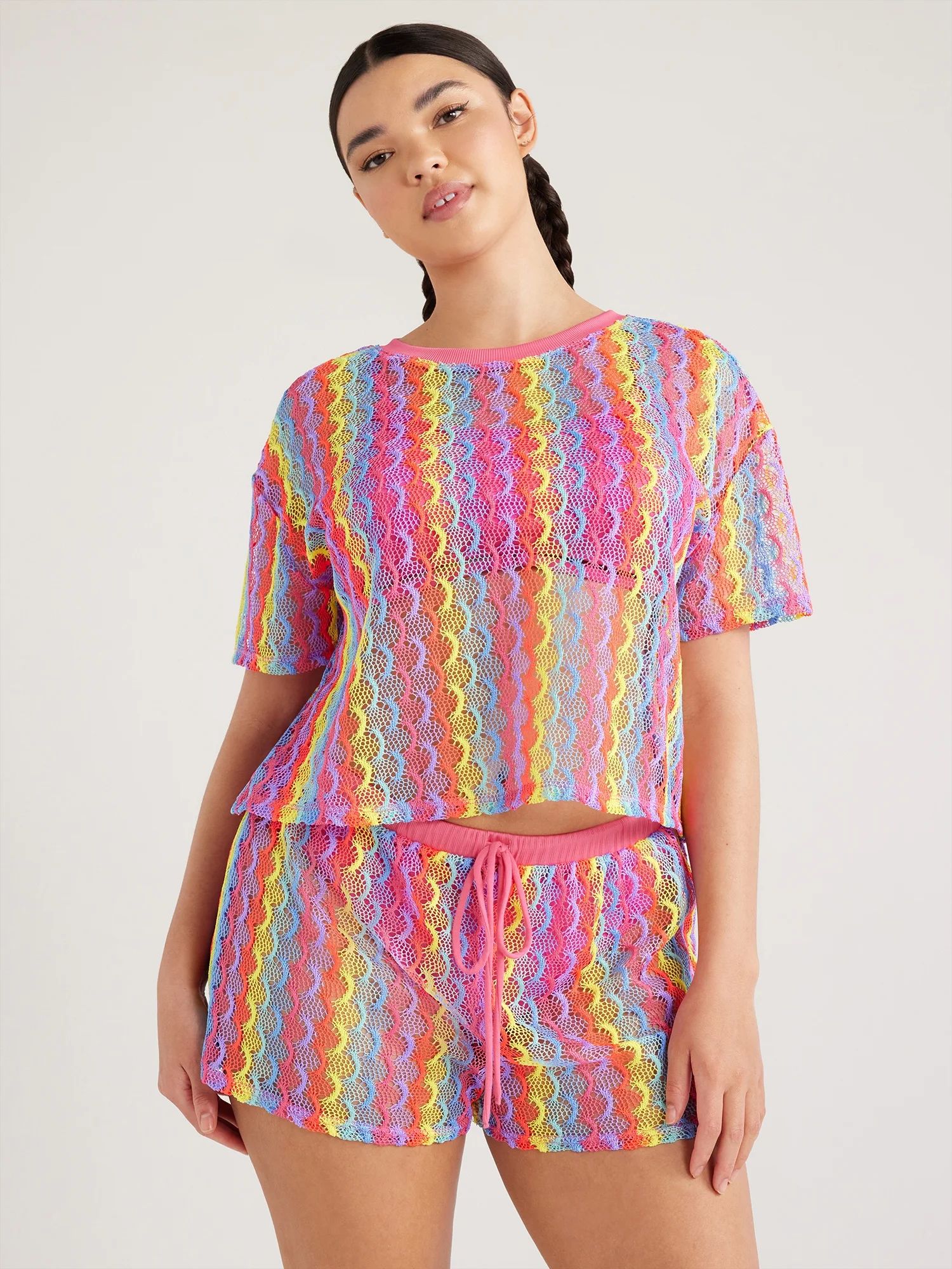 No Boundaries Juniors’ Crochet Coverup Tee with Short Sleeves, Sizes XS-XXL | Walmart (US)