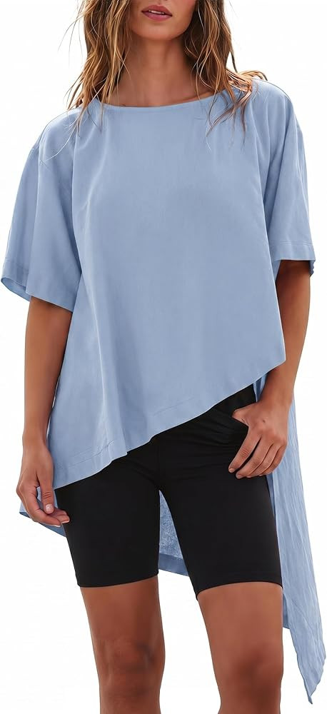 Womens Casual Asymmetrical Hem Short Sleeve Tops Summer Boat Neck High Low Irregular Shirts Blous... | Amazon (US)