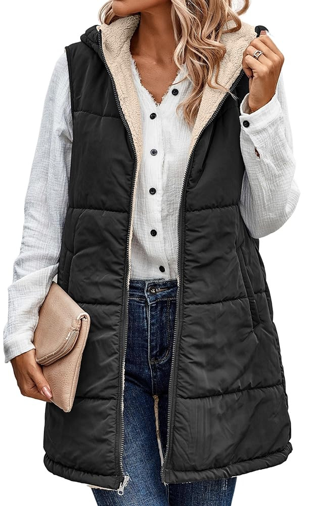 ECOWISH Women Long Puffer Vest: Fall Zip up Reversible Fleece Jacket 2025 Winter Warm Sleeveless ... | Amazon (US)