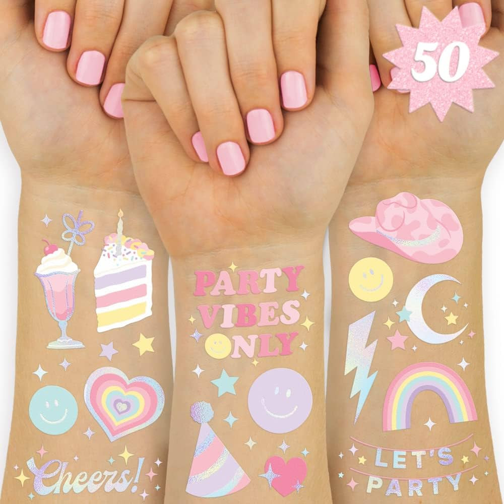 xo, Fetti Pastel Rainbow Temporary Tattoos - 50 Iridescent Foil Styles | Preppy Birthday Party Su... | Amazon (US)