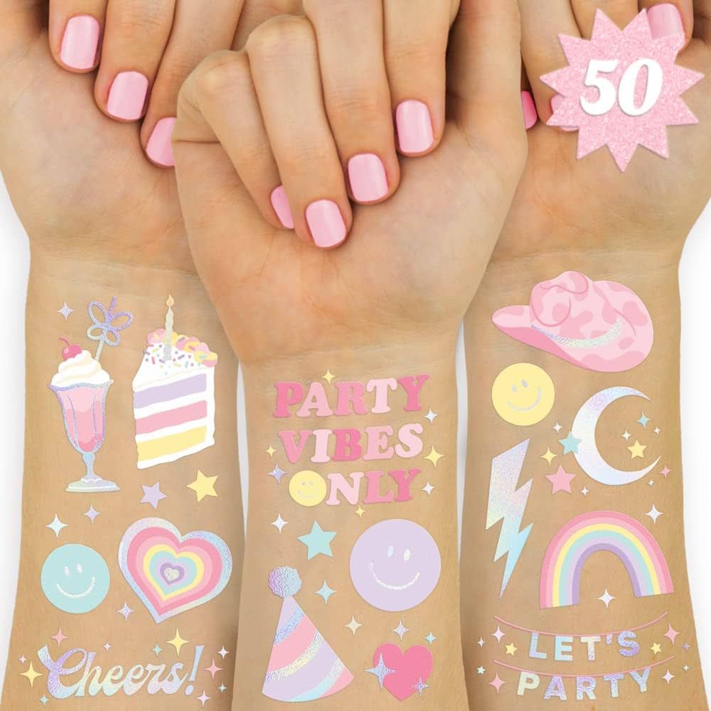 xo, Fetti Pastel Rainbow Temporary Tattoos - 50 Iridescent Foil Styles | Preppy Birthday Party Su... | Amazon (US)