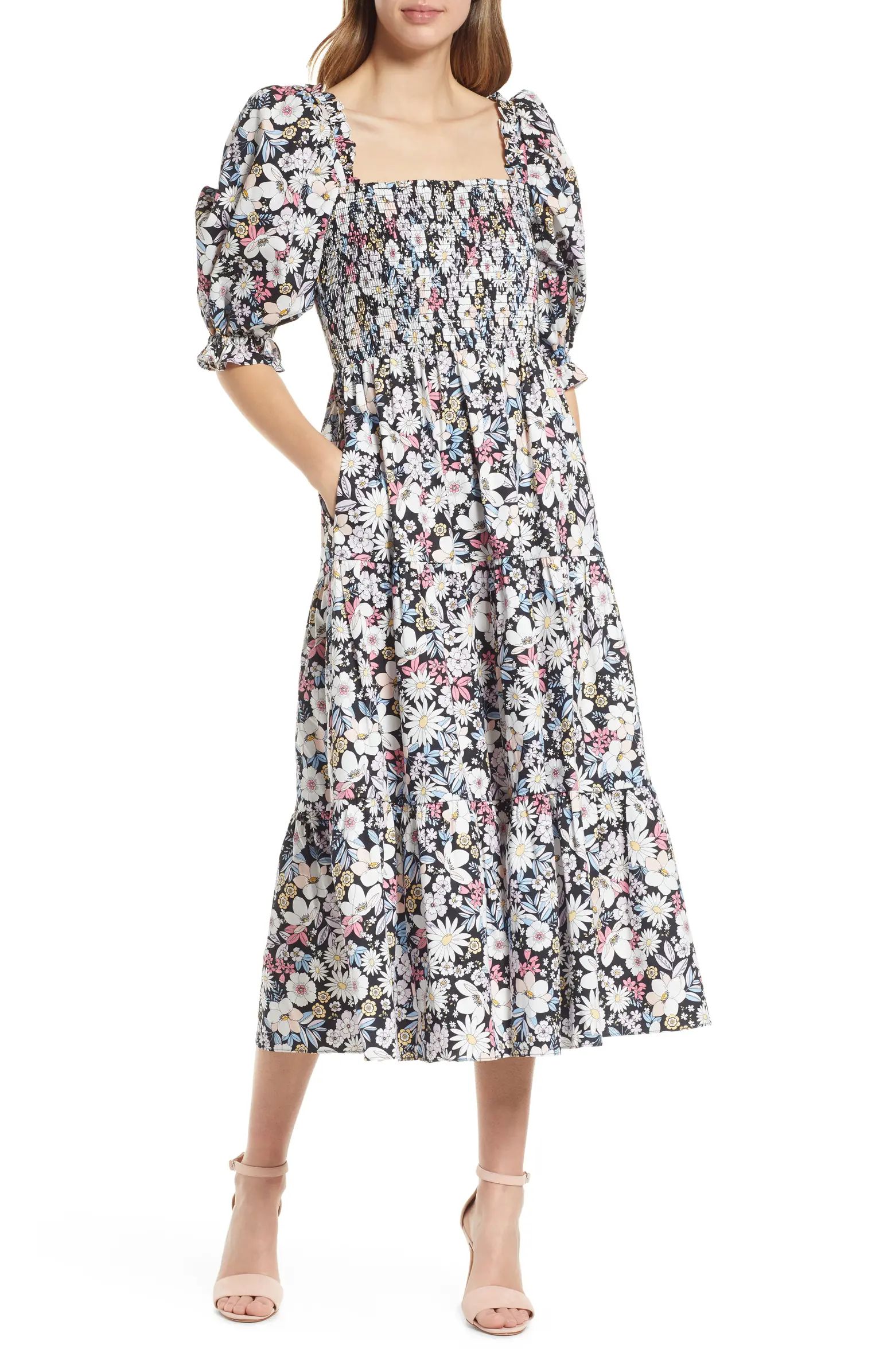 Rachel Parcell Smocked Puff Sleeve Midi Dress | Nordstrom | Nordstrom