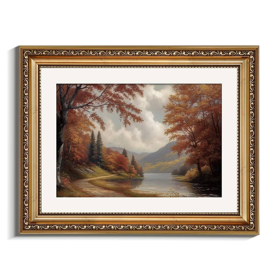 VIYYIEA Gold Framed Canvas Wall Art, Fall Lake Scene Art Prints, Classic Autumn Landscape Decor f... | Amazon (US)