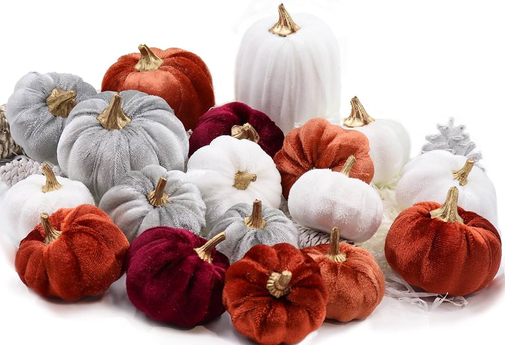 Thanksgiving Velvet Pumpkins, 18 PCS Fall Table Decorations for Home, Artificial Pumpkins Set for... | Amazon (US)