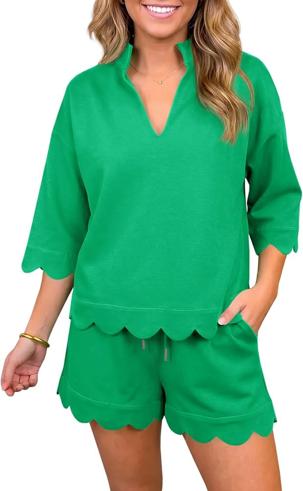 Fisoew Women 2 Piece Shorts Sets 3/4 Sleeve Sweatshirts Casual Lounge Sets | Amazon (US)