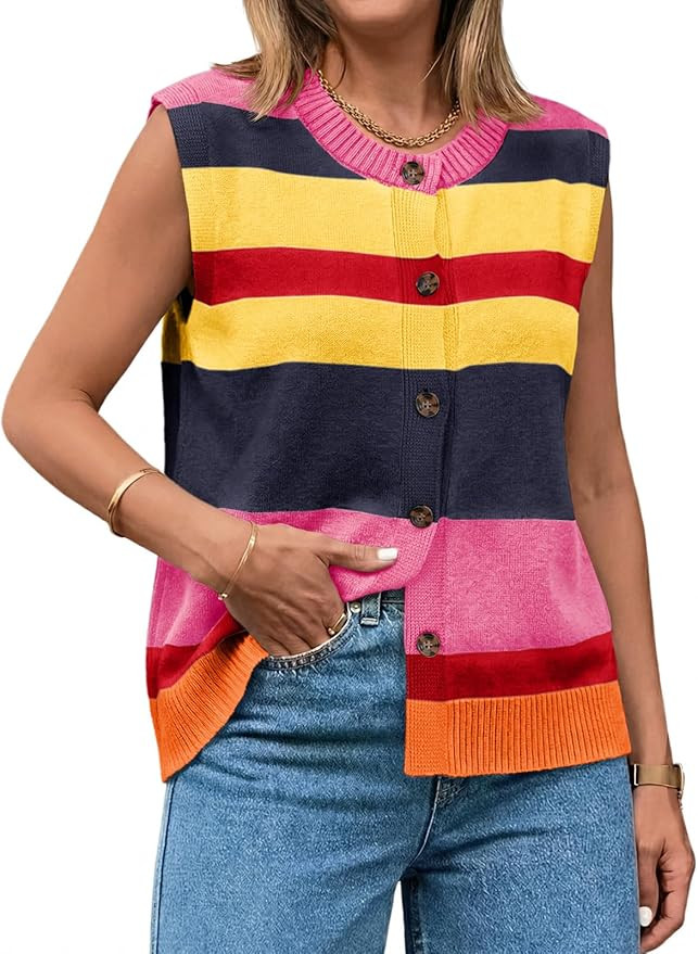 Tankaneo Womens Color Block Striped Sweater Vest Tops Summer Casual Button Up Knit Sleeveless Car... | Amazon (US)