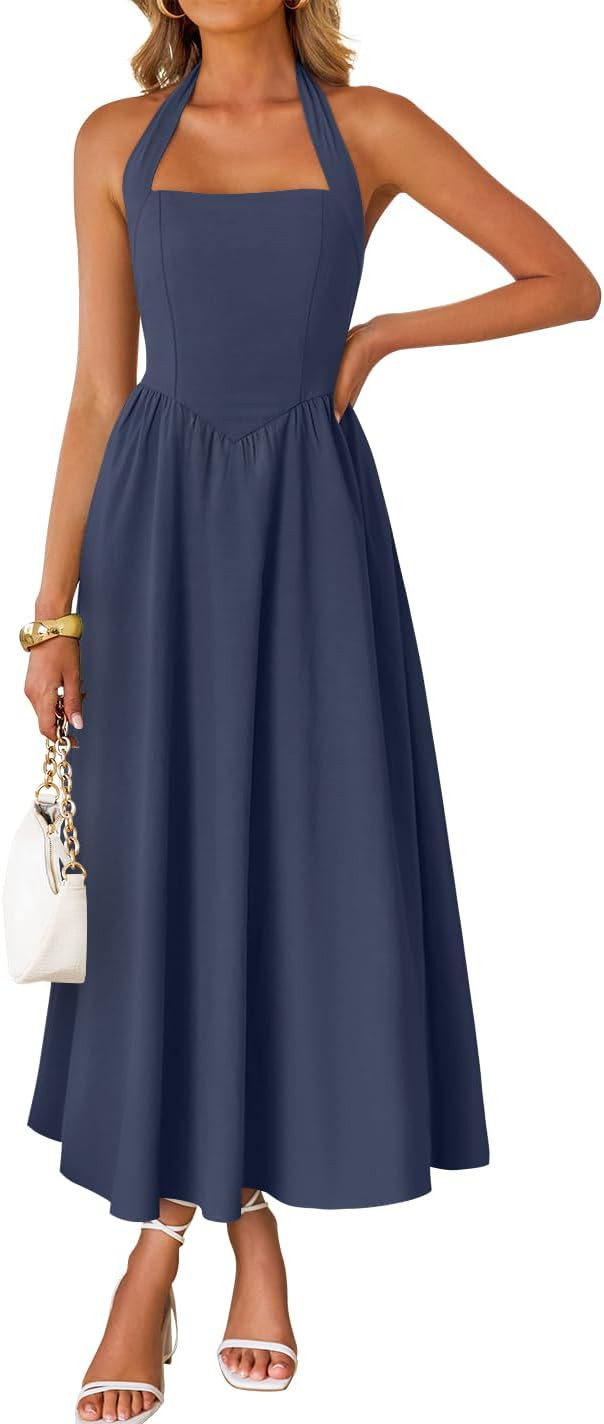 ZESICA Women's Summer Sleeveless Halter Midi Dress 2026 Off Shoulder High Waist Flowy Formal Wedd... | Amazon (US)