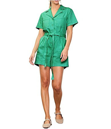 Skies Are Blue Washed Cotton Twill Notch Collar Short Sleeve Button Front Belted Romper - S | Dillard's