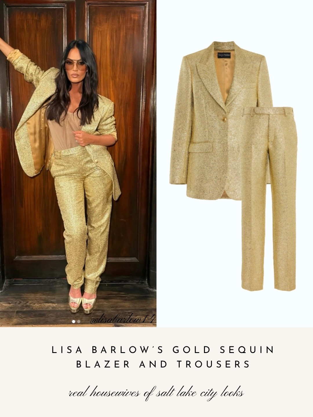 Lisa Barlow’s Gold Metallic Blazer and Trousers 📸 = @lisabarlow14