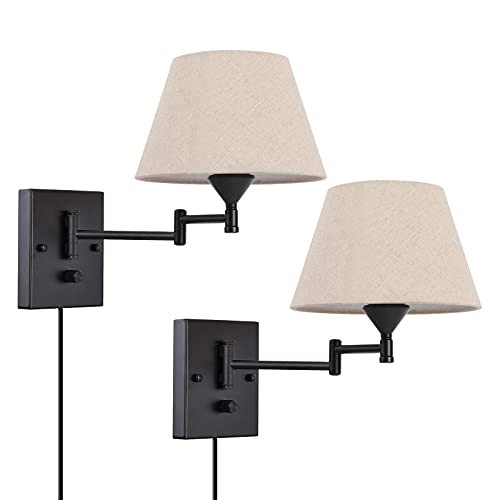 Pauwer Plug in Wall Sconce Set of 2 Swing Arm Wall Lamp with Plug in Cord and Fabric Shade Wall Ligh | Amazon (US)