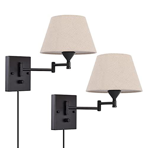 Pauwer Plug in Wall Sconce Set of 2 Swing Arm Wall Lamp with Plug in Cord and Fabric Shade Wall Ligh | Amazon (US)