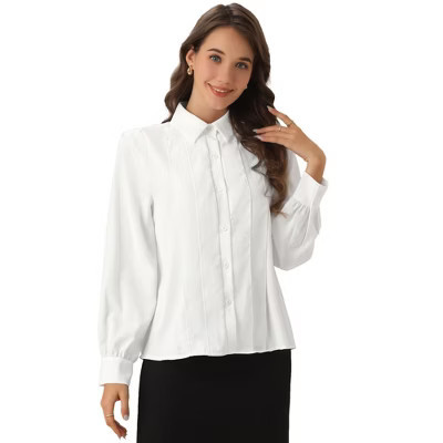 INSPIRE CHIC Women's Pleated Collared Long Sleeve Dressy Office Blouse White Small | Target