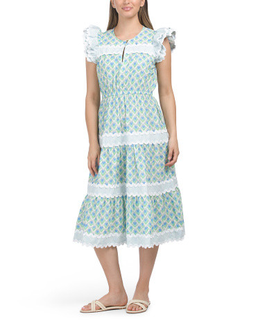 Flutter Sleeve Floral Midi Dress With Ric Rac Border | TJ Maxx