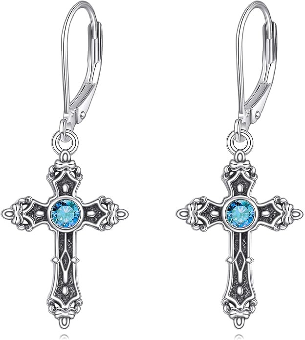 LONAGO Cross Earrings for Women 925 Sterling Silver Vintage Cross with Birthstone Drop Earrings | Amazon (US)