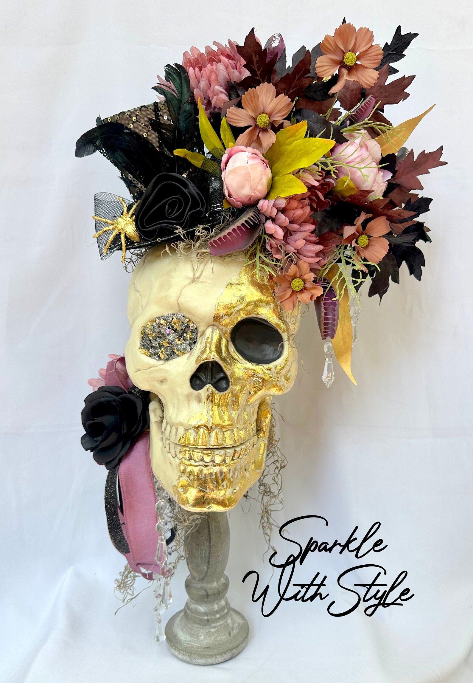 Glam Halloween Decor - Halloween Arrangement Centerpiece - Gothic Home Decor - Skull Wreath - Sku... | Etsy (US)