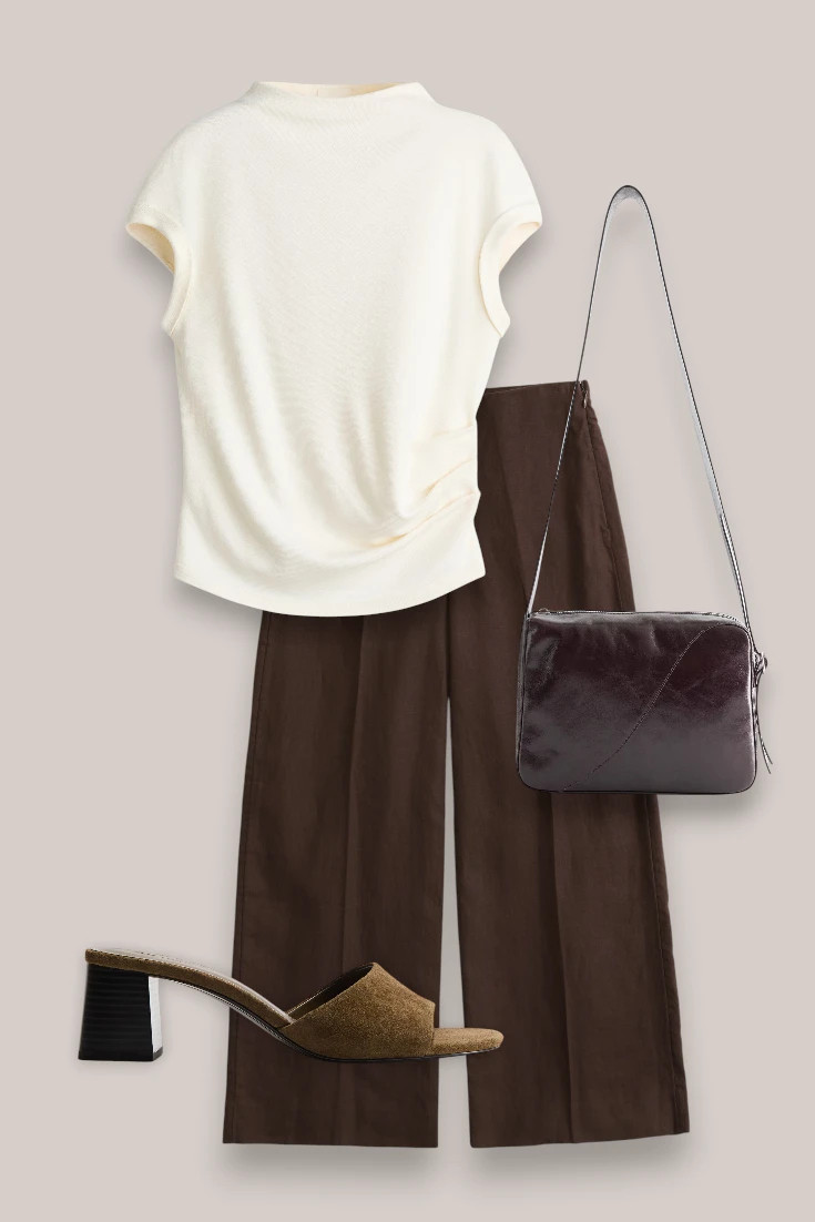 Mom pooch outfit with tailored trousers and a draped top.  

 #LTKsummer #LTKmidsize #LTKmaternity