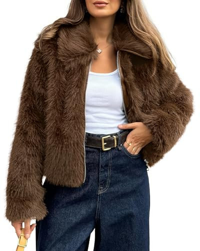 BTFBM Faux Fur Jacket Women Fluffy Winter Cropped Coats Zip Up Fuzzy Jackets Long Sleeve Furry Coat 2025 Fall Clothes(Brown, Large) | Amazon (US)