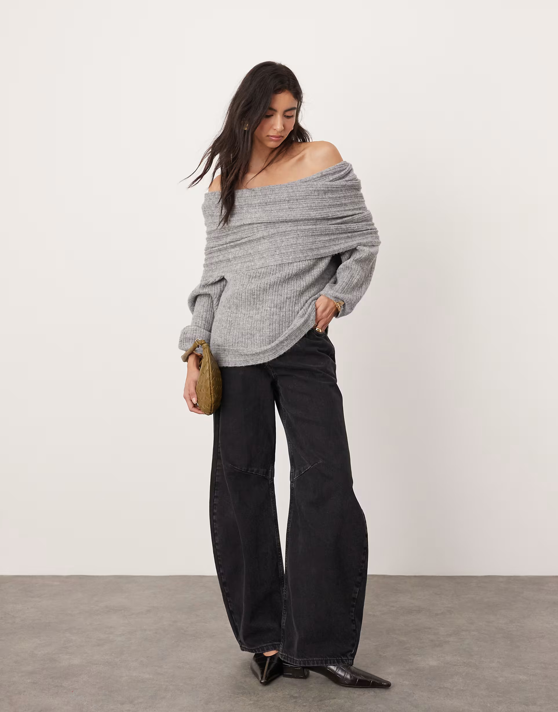 ASOS EDITION rib knit bardot jumper in grey marl | ASOS (Global)