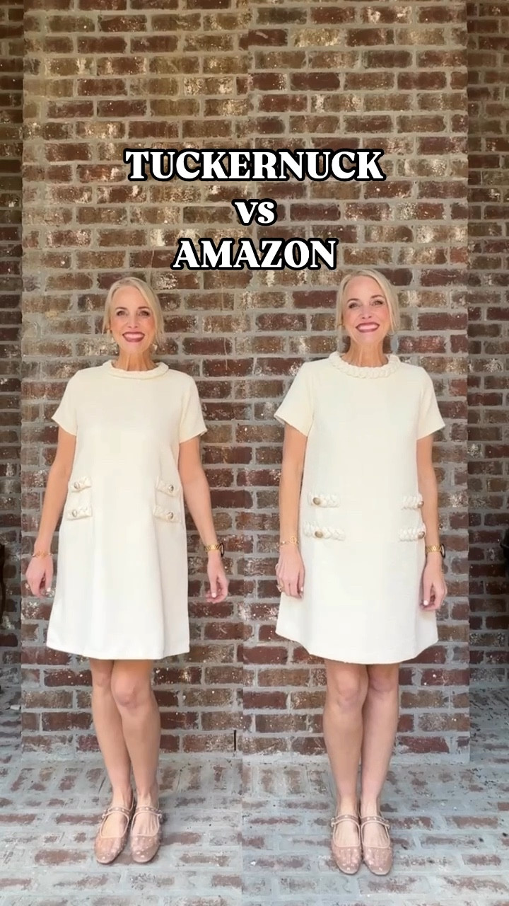 Are you a Tuckernuck girl on an Amazon budget? Same, friend! 🙋🏼‍♀️ This might be one of the BEST looks for less I’ve ever found.

The Jackie Tweed dress is so classic—think Jackie O vibes—but at $268, it’s not exactly budget-friendly. Well, Amazon has come through again with a spot-on dupe for just $48.99! 😱 I have the Tuckernuck version in two colors, and honestly, if I didn’t know, I’d never guess the Amazon one wasn’t the real deal.

Here’s the lowdown:
•	Tuckernuck: 100% polyester, fully lined, machine washable, sizes XXS-4XL, 13 colors
•	Amazon: 100% polyester, fully lined, machine washable, sizes XS-XL, 15 colors

Both fit true to size (I wear a medium in both), but the Amazon one is a little lighter, which makes it perfect for hotter weather.

Follow for more budget finds! Share this with a friend who loves a good deal. Save this post to shop later! 🤍 

#LooksForLess 
#over50fashion
#tuckernuck
#founditonamazon 
#affordablefashion
#outfitinspo
#laurenoggsgee
#over50style 
#lookalike
#shopltk
#ltkover50
#ltkover40
#lookforless
#getyourcolonoscopy


#LTKFindsUnder50 #LTKOver40 #LTKWatchNow