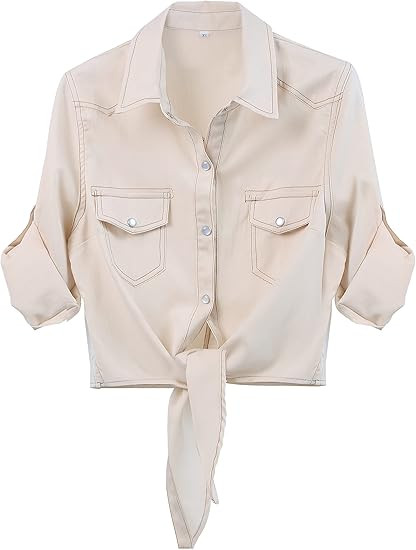 Omoone Women's 3/4 Sleeve Denim Crop Top Tie Knot Shirt Cardigan | Amazon (US)