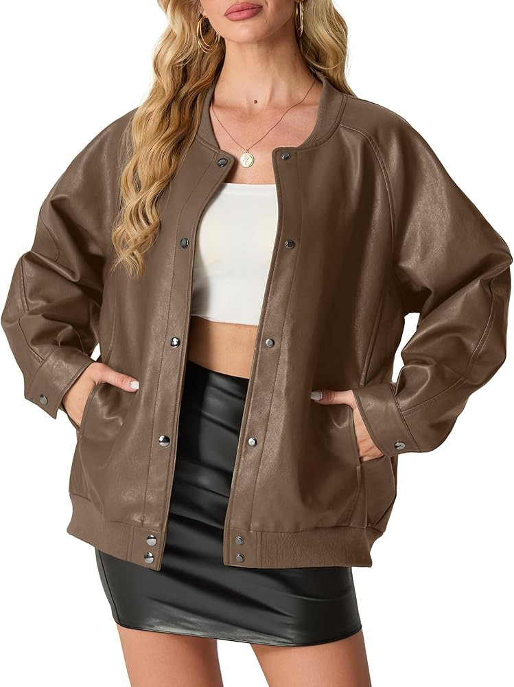Lepunuo Chaqueta bomber de piel sintética para mujer, casual, holgada, de cuero, para motociclis... | Amazon (US)
