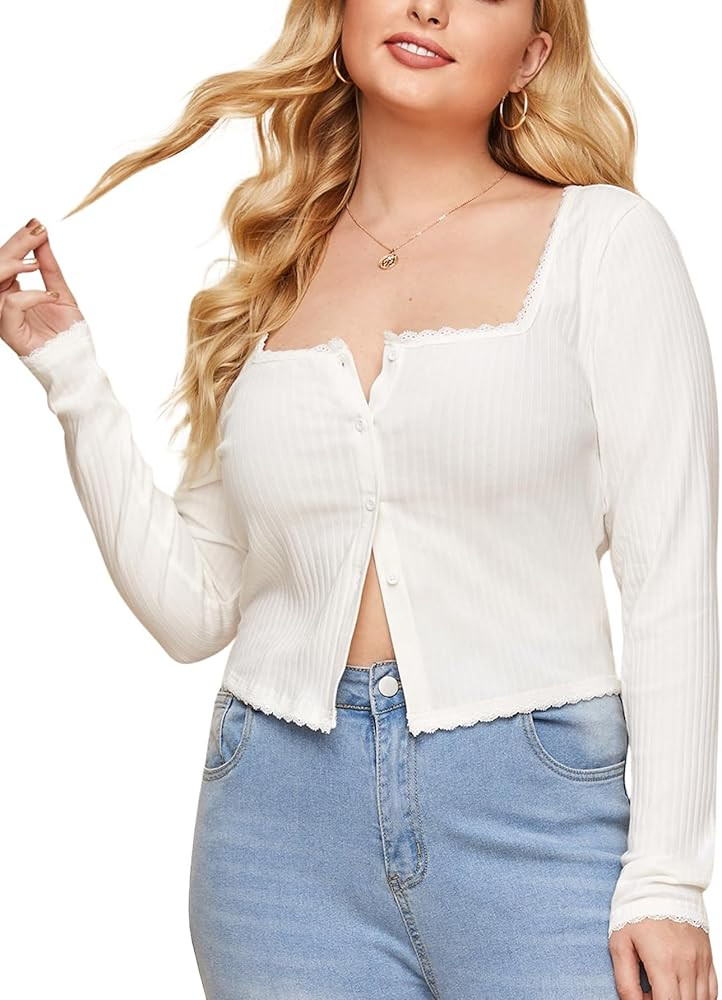 Floerns Women's Plus Size Button Down Long Sleeve Square Neck Tee Lace Trim Ribbed Crop Tops T Sh... | Amazon (US)