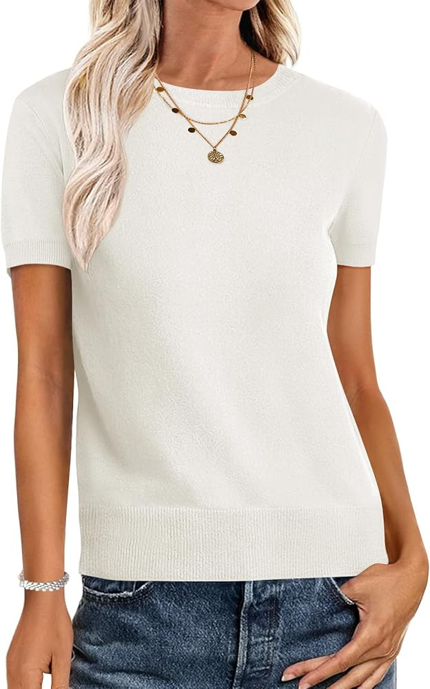 ANRABESS Womens Short Sleeve Sweaters Wool Blend Crew Neck Sweater Shirts Business Casual Work To... | Amazon (US)