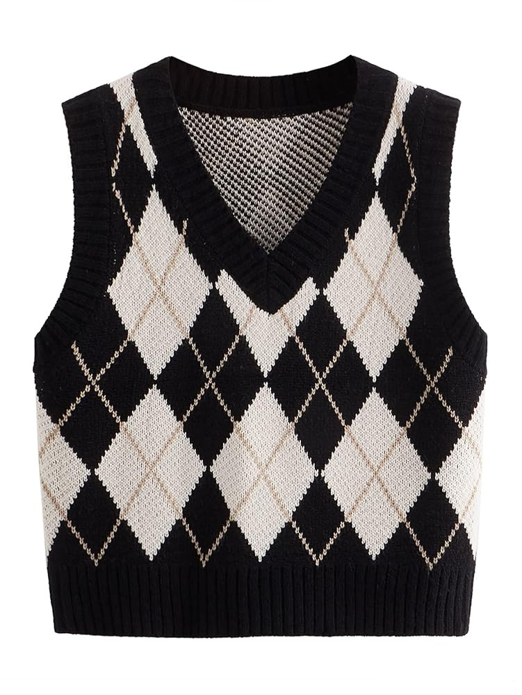 SweatyRocks Women's Plaid Geo Sleeveless V Neck Knit Crop Top Sweater Vest | Amazon (US)