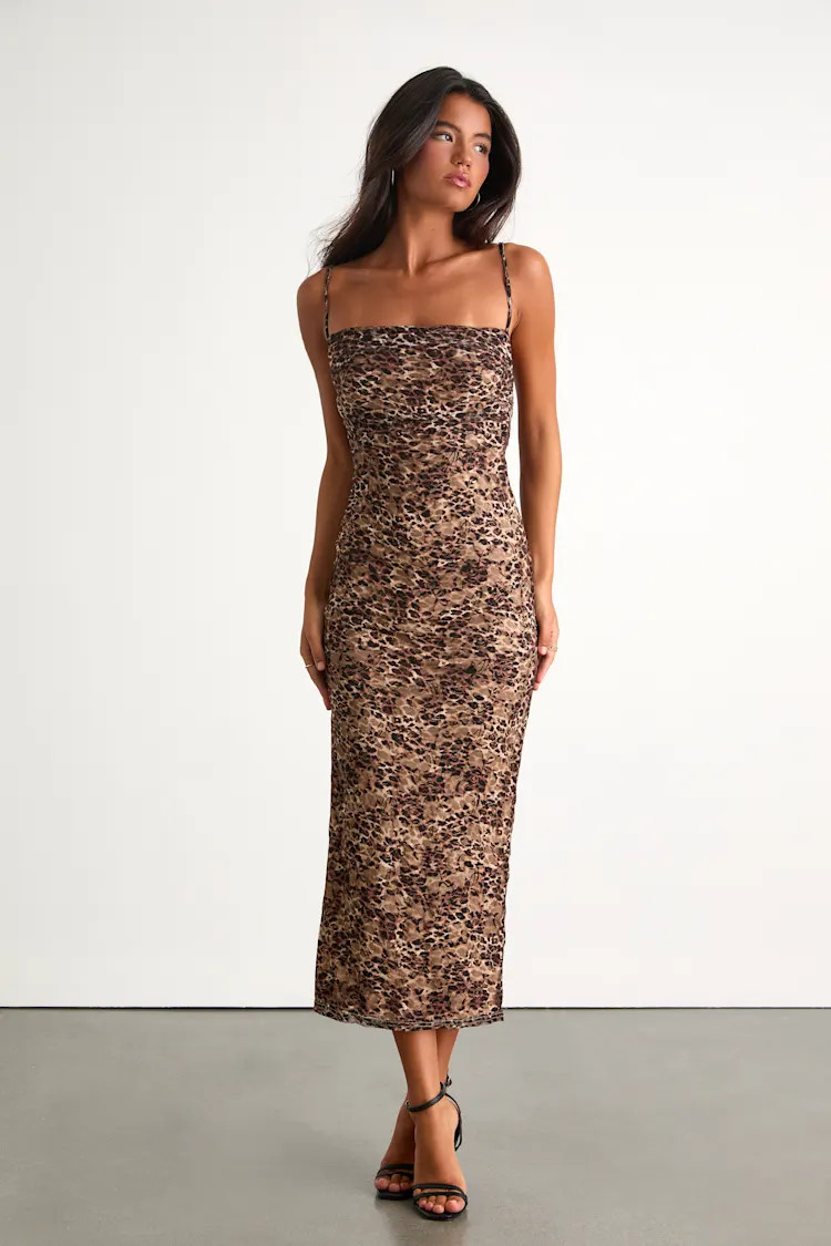 Manon Brown Leopard Mesh Bodycon Midi Dress | Lulus