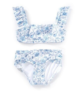 Little Girls 2T-6X Flounce Sleeve Floral/Seashells Two-Piece Swimsuit | Dillard's
