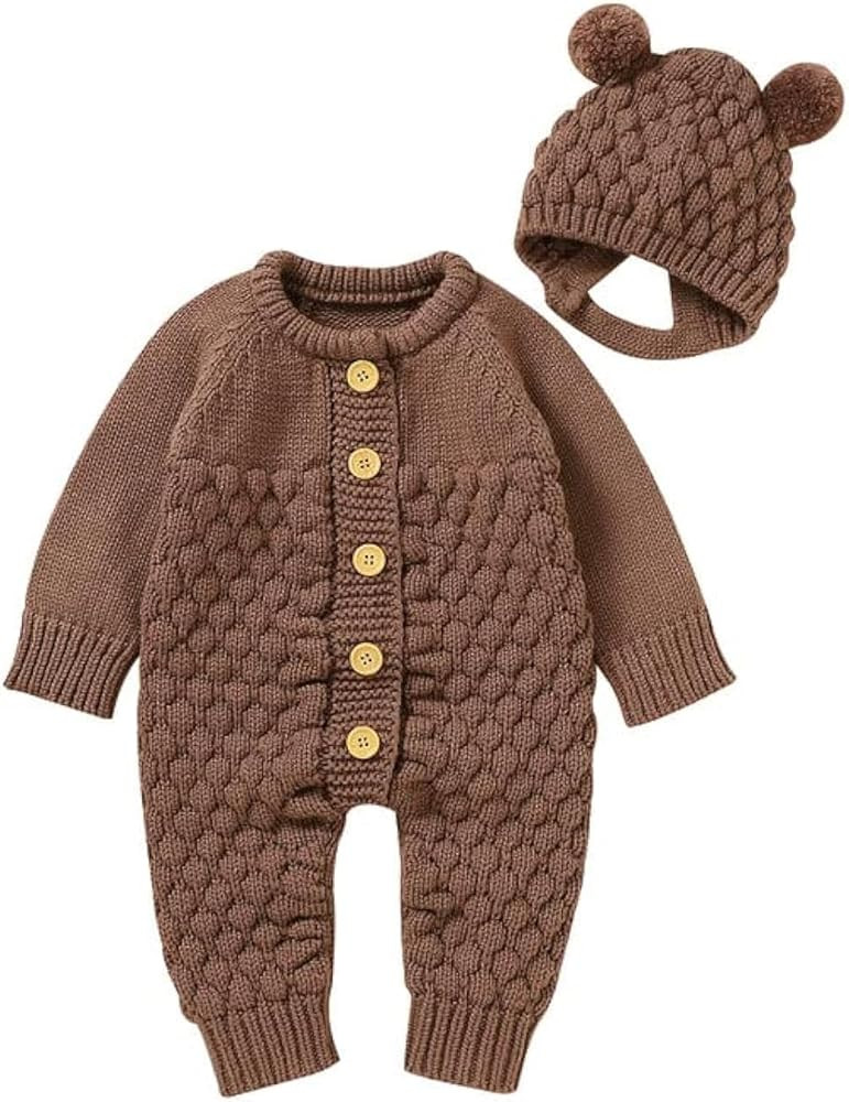 LAWKUL Baby Outfit Cotton Knit Newborn Infant Romper Knitted Longsleeve Sweater Clothes With Warm... | Amazon (US)