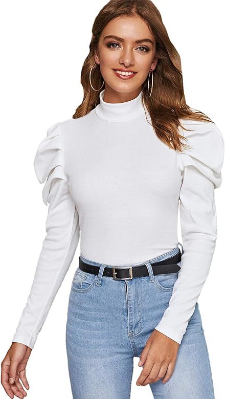 SheIn Women's Elegant Puff Sleeve Mock Neck Fitted Solid Blouse Tee Top | Amazon (US)