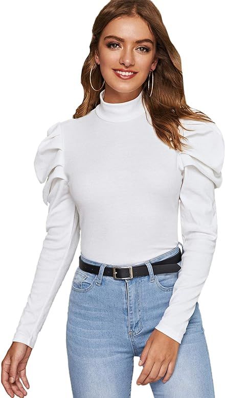 SheIn Women's Elegant Puff Sleeve Mock Neck Fitted Solid Blouse Tee Top | Amazon (US)