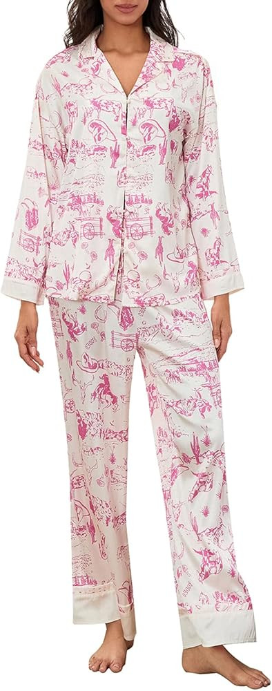 Womens Silk Satin Pajamas Set Floral Printed Long Sleeve Button Down Shirt Wide Leg Pants Set Sle... | Amazon (US)